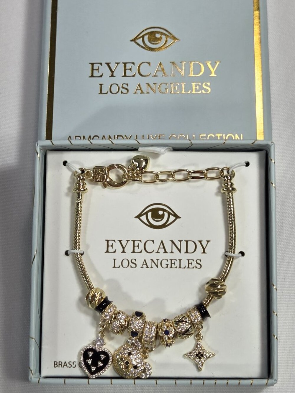 NWT Eye Candy Los Angeles Gold Charm Bracelet CZ Heart Teddy Bear Arm Luxe NEW